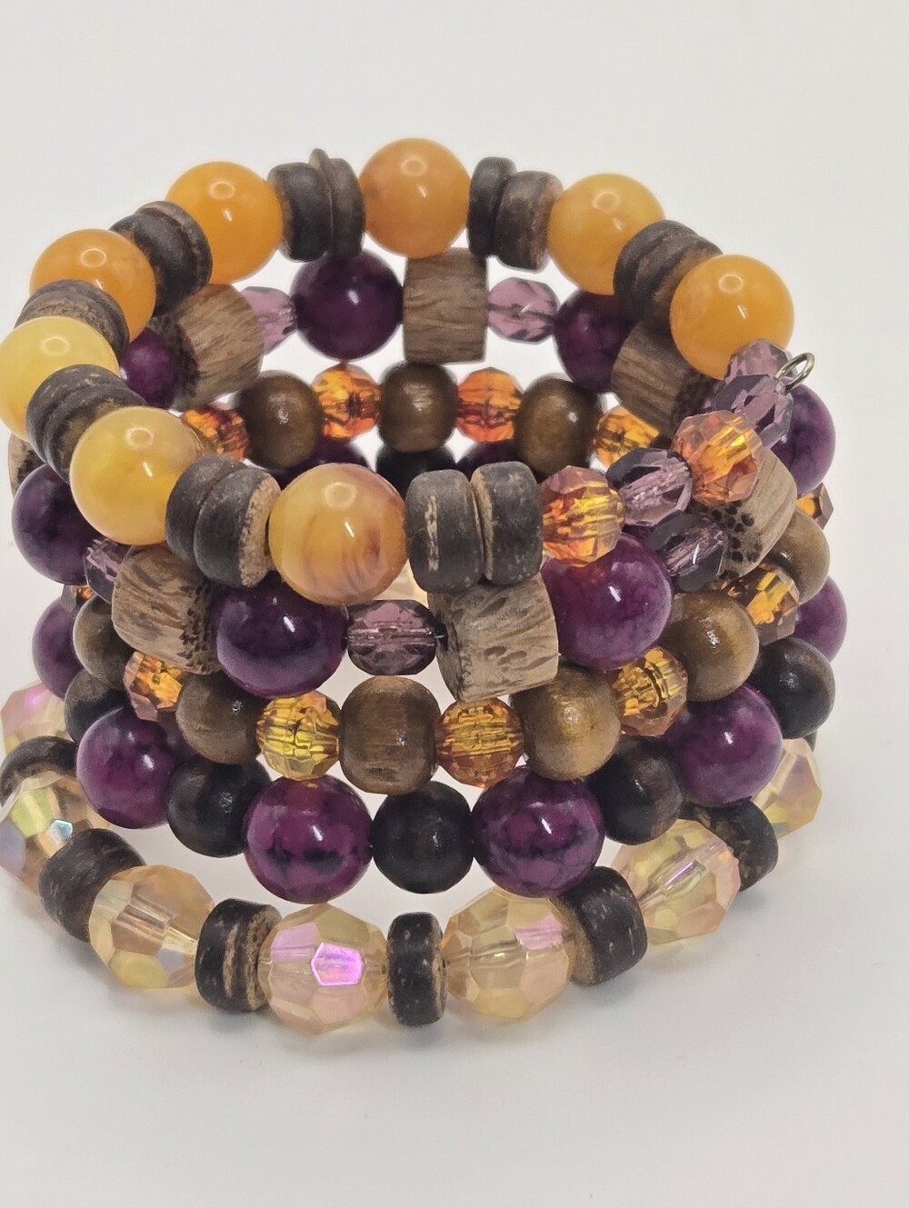 Purple And Brown Wood And Glass Coil Bracelet Stack Handmade Artisan Jewelry